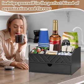 Coffee Bar Organizer With Drawer, Coffee Station Organizer for Coffee Bar Accessories, Coffee and Tea Condiment Organizer for Countertop, Coffee Pod Syrup Holder Basket for Coffee Bar Decor (Black)