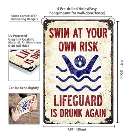 "SWIM AT YOUR OWN RISK" Metal tin signs, outdoor decorations, swimming pools bathroom wall decorations 12x8 Inch （2466）