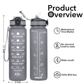 Hyeta 32 oz Water Bottles with Times to Drink and Straw, Motivational Water Bottle with Time Marker, Leakproof & BPA Free, Drinking Sports Water Bottle for Fitness, Gym & Outdoor, Grey Matte