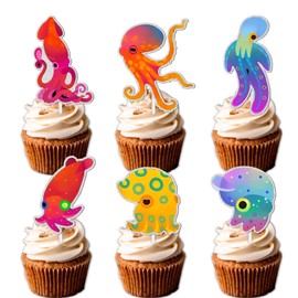 18pcs Colorful Glitter Organism Dessert Cupcake Topper Cuttlefish Octopus Squid Submarine Theme Decorations Baby Shower Boys Girls Happy Birthday Party Decor Supplies