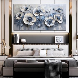AOZEMI Floral Wall Art Bedroom Floral Picture Art Blue Canvas Wall Decor White Artwork for Living Room Office 29" x 59"