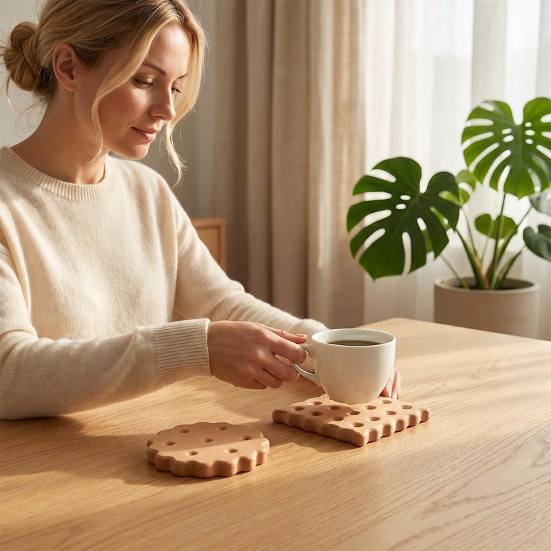 Wooden Biscuit-Shaped Coasters, Round and Square Cookie Style, Beechwood, 3.5