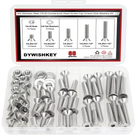 DYWISHKEY 66 Pieces 1/4-20 x 1/2", 3/4", 1", 1-1/4", 1-1/2" Countersunk Head Socket Cap Screws Nuts Washers Assortment Kit, 1/4-20 Screw Kit, 304 Stainless Steel