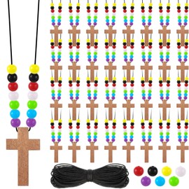 Kathfly DIY Wood Cross on Cord Wood Cross Pendant Necklace DIY Walnut Cross Necklace with Colorful Assorted Beads for Crafts for Men Women Boy Girl Children (Brown,522 Pcs)