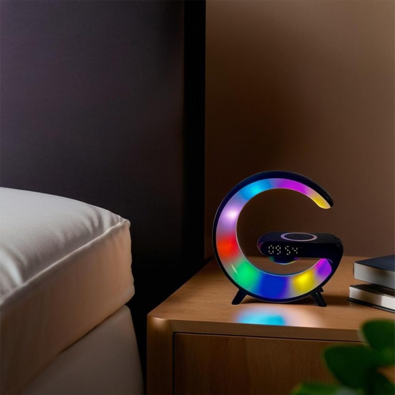 OrionMart Alarm Clock G Shaped Bedside Lamp Wireless Charger &