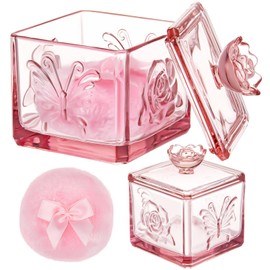 Tioncy 2 Pcs Large Body Powder Puff and Container Powder Container with Puff Pink Cute Glass Vintage Jar with Lid Crystal Case Soft Washable Reusable Velour Face Body Glitter Wet Dry Makeup