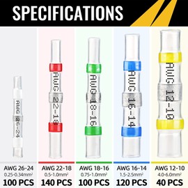 Sopoby 500PCS Solder Seal Wire Connectors, Self Soldering Heat Shrink Butt Connector Solder Sleeve Waterproof Insulated Electrical Butt Splice Wire Terminals for Marine Automotive Boat Truck