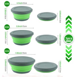 Huntoshon Collapsible Bowls, 3pcs Food Grade Silicone Camping Bowl Salad Bowl with lids, Portable Expandable Lunch Box Food Storage Container for Camping Travel and Picnic,Green