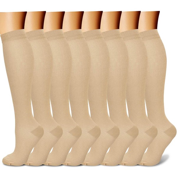 CHARMKING Compression Socks for Women & Men (8 Pairs) 15-20 mmHg Graduated Copper Support Socks are Best for Pregnant, Nurses - Boost Performance, Circulation, Knee High & Wide Calf (S/M, Nude)