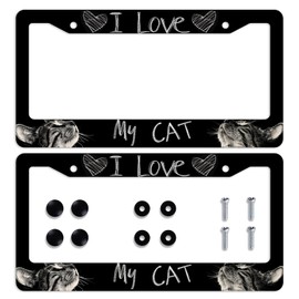 Cats License Plate Frame 2 Pack Black White Cute I Love My Cat License Plate Car Plate Holder Universal Accessories License Plate Aluminum Car Tag Frames for Women Men US Vehicles
