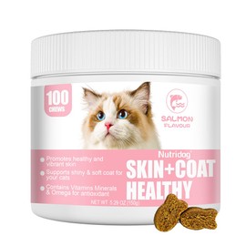 Nutridog Skin & Coat Cat Chews - Omega 3, Vitamin E, Biotin Supplements for Healthy Skin, Glossy Coat & Anti - Shedding, Salmon Flavor 100ct Soft Chews (Salmon)
