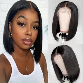 Bob Wig 13x4 Lace Front Wigs for Women Human Hair Wigs Short Hair Straight Glueless Wigs for Black Women Human Hair Pre Plucked Perruque Femme Humain Naturel Black Wig 150% Density 12 Inch