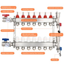 FAHKNS 7 Loops Pex/Radiant Manifold, included 1/2" connectors for Hydronic Radiant Floor Heating Stainless Steel Radiant Heat Pex Manifold Set
