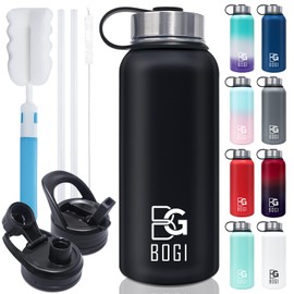 BOGI 40oz Insulated Water Bottle, Double Wall Vacuum Stainless Steel Water Bottle with Straw and 3 Lids, Sweat-Proof Wide Mouth Metal Water Bottle Keeps Hot or Cold for Sports Gym Office (Black)