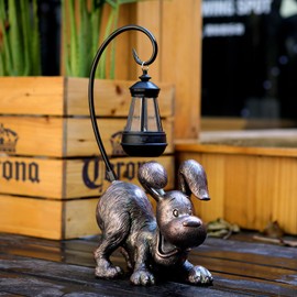 Hnnpmm Laughing Dog Figurine with Solar-Powered LED Light 15.9 Inches Tall Antique Bronze, Perfect for Gift Garden Decor or Housewarming for Dog Lovers