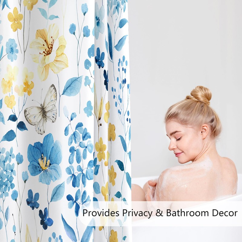 MAYZUS Blue Yellow Floral Shower Curtain 60x72, Cute Flower Fabric