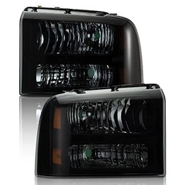 G-PLUS Headlights Assembly, Compatible with 2005 2006 2007 Ford F250 F350 Super Duty 2005-2007 Headlamp Driver and Passenger Side, Smoky lens Black Housing Amber Reflector
