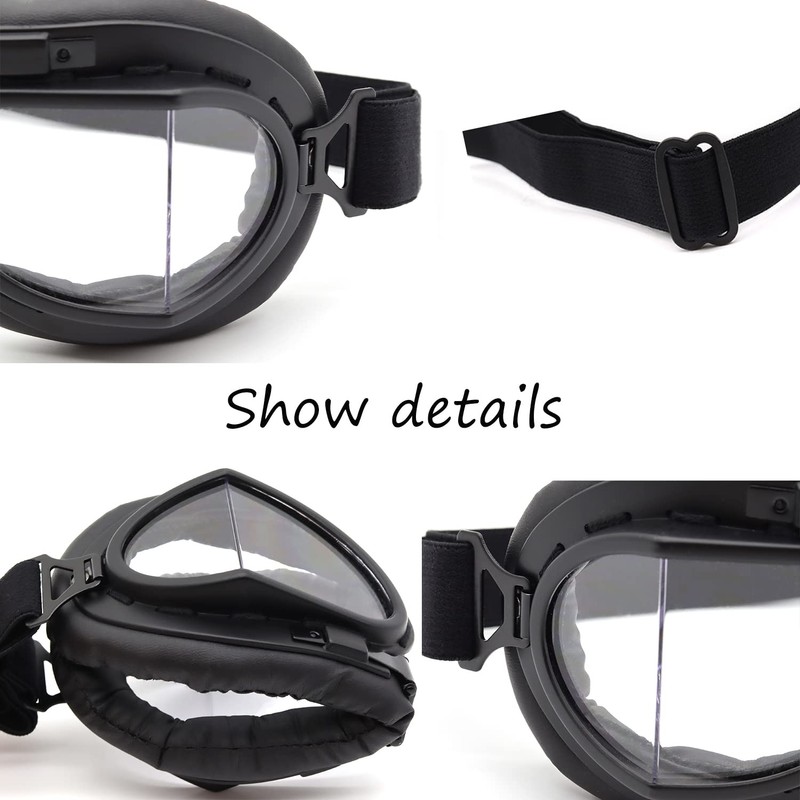 kucehiup Vintage Aviator Goggles Motorcycle Goggles (Black frame clear lenses)