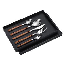Juego de Cubiertos, Diseño Ergonómico Cuchillos de Acero Inoxidable de Alta Dureza Tenedores Cucharas Cubiertos Juego de Servir 5 Piezas para Restaurante (Mango de grano de .)