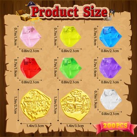 200Pcs Pirate Treasure Set, 100Pcs Plastic Pirate Gold Coins and 100Pcs Pirate Jewelry for Adventure Themed Party Decorations,Colorful Fake Gemstones for Kids Treasure Hunt
