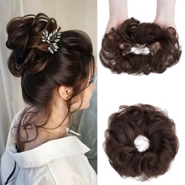Elailite Human Hair Messy Bun Scrunchies Updo Real Hair Hair Piece - Hair Extensions Donut Hair Chignons For Women Curly Wavy - #02 Dark Brown