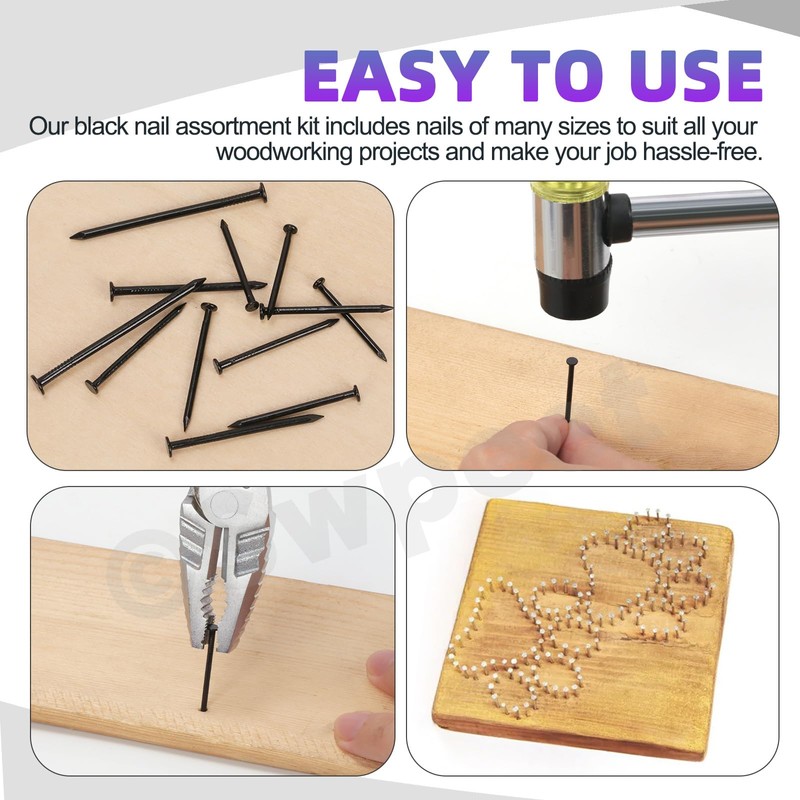 Swpeet 500Pcs 4 Sizes Hardware Nails Assortment Kit, Black Galvanized