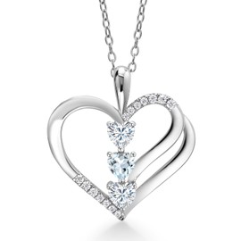 Gem Stone King 925 Sterling Silver White Moissanite and Sky Blue Aquamarine 3-Stone Pendant Necklace For Women (0.81 Cttw, Gemstone Birthstone, Heart Shape 4MM, with 18 Inch Silver Chain)