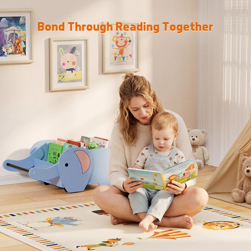 HAVLOTII Montessori Kids Bookshelf, Wooden Elephant Toddler Baby Book Shelf