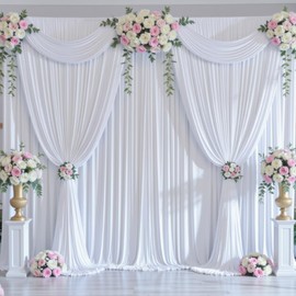 20ft x 14ft White Backdrop Curtain for Parties, Wrinkle Free Polyester 4 Panels 5x14ft Photo Backdrop Drapes Back Drop Cloth for Wedding Birthday Party Baby Shower Photography Background