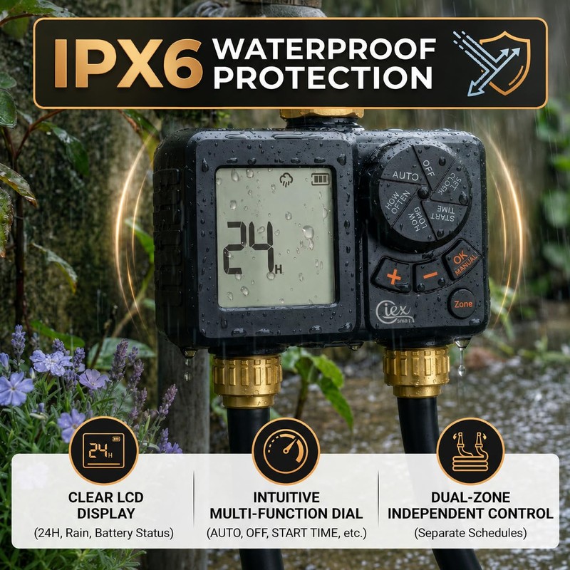 GIEX Rechargeable Sprinkler Timer 2 Zone, Programmable Water Hose Timer