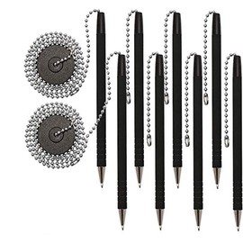 Secure-A-Pen with Adhesive, 26" Ball Chain, 2 Pack of 4 Pens (8 Pens),Rubber Grip, Black Ink and Easy To Refill