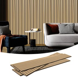 Roedecor Acoustic Wood Slat Wall & Ceiling Panels 4-Pack 3D Fluted Textured Soundproof Plank for Interior & Outdoor Wall Decor TV Bedroom Living Dining & Meeting Room Studio Cafe, 94.5 * 7.9 * 0.4 in