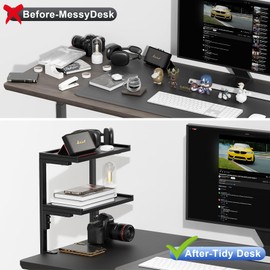 Spacrea clamp on Desk Shelf, 2 Tier Office Desk Shelves Organizer, Wood Desktop Supplies Storage Rack, Desk Organizers and Accessories (Black)