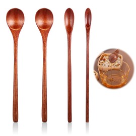JJUNW 4 Pcs Wooden Coffee Mixing Spoons, Long Handle Honey Spoons, Three Sizes Iced Small Wooden for Jam Dessert Honey Kitchen Utensil(Dark brown)