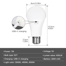 Kambo E27 LED Glühbirne, Wiederaufladbarer Akku 2600mAh mit Fernbedienung, 7W dimmbare Lampe mit Timing-Funktion, 3 Farbtemperaturen, Leuchtquelle für stromlose Umgebungen, Outdoor Camping, 2 Stück