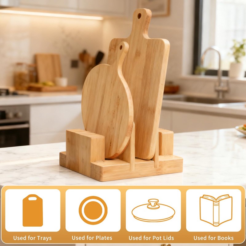 GZLT Bamboo Pot Lid Holder Stand, Cutting Board Organizer and
