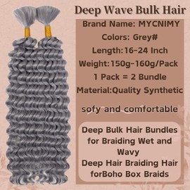 Deep Bulk Hair For Braiding Hair 20inch Wet And Wavy No Weft Quality Synthetic Hair Braiding Extensions For Boho Braids Natural Color 2 Bundles/Pack (Grey# 150g)