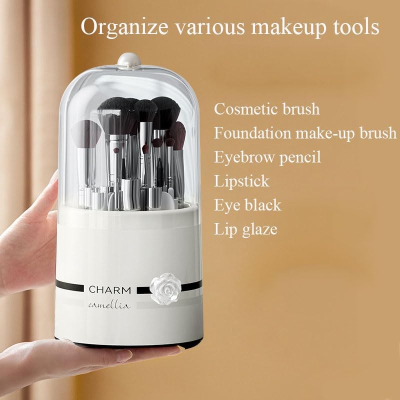 Hosoncovy Clear Makeup Brushes Holder Rotating Organiser with Lid Dustproof