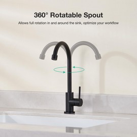 CREA Cold Water Only Matte Black Faucet for Kitchen Bar Outdoor Sink 1 Hole 3Holes(with Deck Plate)，High Arc 360°Swivle Single Handle Cold Water Tap 304 Stainless Steel