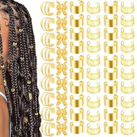 80 Pcs Gold Sliver Hair Braids Dreadlock, Non-Piercing Ear Clip Beard Beads Cuffs Clip Hair (Gold)