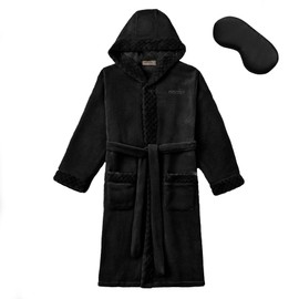 MGEOY Boys Girls Robe Soft Hooded Flannel Bathrobe Kids With Silk Eye Sleep Mask Black 10-12