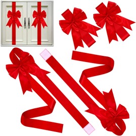 BBTO 6 Pcs Christmas Cabinet Door Red Festive Ribbons 8x40 Inches Large Bow Christmas Wreath Tree Bow Festival Wrapping Decorations for Home Fireplace Door Holiday Party Supplies