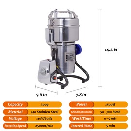 Hakka Grain Mills Grinder, 300g Electric Powder Mill Machine 1500W High Speed Stainless Steel Pulverizer Machine Commercial Herb Grinder for Grinding Dry Corn Coffee Bean Pepper(270° Swing Type)