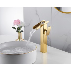Bathroom Vessel Faucet Gold Waterfall Single Handle One Hole Bathroom Faucets Tall Body Brass Bath Vanity Lavatory Bowl Sink Contemporary Commercial Rustic Basin Mix Tap Deck Mount Water Supply Hose