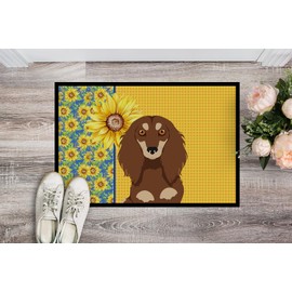 Caroline's Treasures WDK5388MAT Summer Sunflowers Longhair Chocolate and Cream Dachshund Doormat 18x27 Front Door Mat Indoor Outdoor Rugs for Entryway, Non Slip Washable Low Pile, 18H X 27W