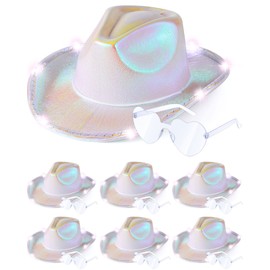 Jecery 12 Pcs Light Holographic Space Cowgirl Hat and Heart Shape Sunglasses LED Rave Cowboy Hat Rimless Heart Sunglasses for Teens Adult Party, White