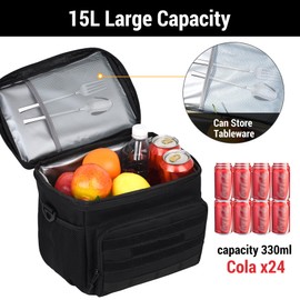 JUMAHE Tactical Lunch Box for Men, Insulated Lunchbox Waterproof Leakproof Cooler Lunch Bag for Work Outdoor Picnic, 24 Cans/15 L, Black