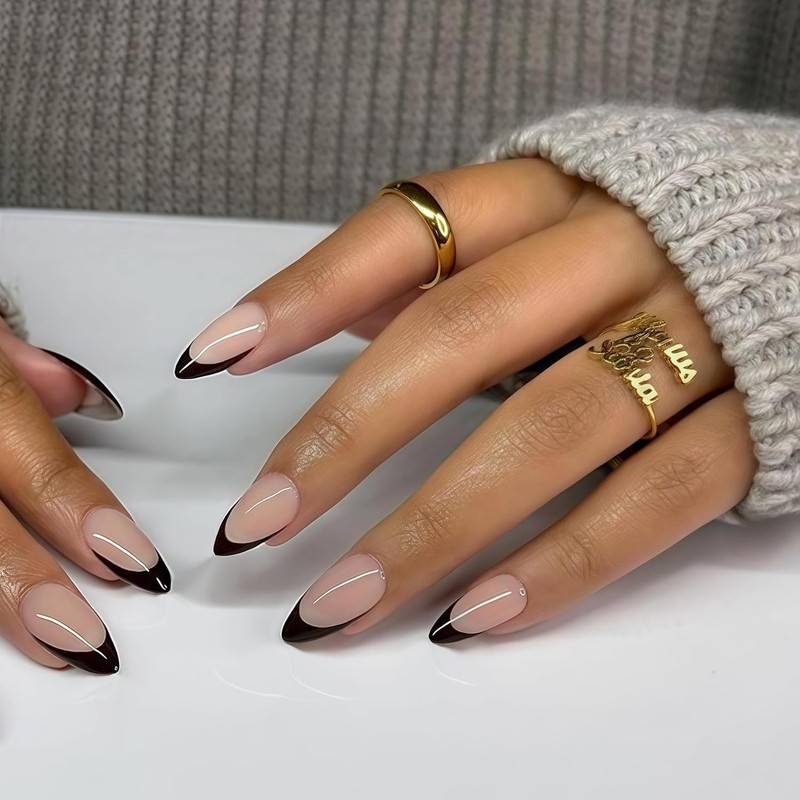 KXAMELIE Uñas Francesas Negras Con Punta Prensada, Uñas Cortas Almendradas,