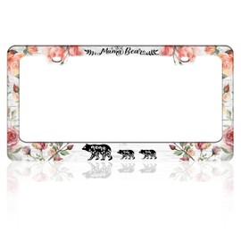 Mama Bear License Plate Frame Beautiful Flowers for Front or Rear Car Tags Stainless Steel License Plate Holder Funny Car Decoration with Screws 6.3 X 12.2 in