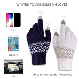 NLAND 2 Pairs Winter Knitted Gloves Warm Touchscreen Gloves Fleece Lining and Soft Winter Texting Gloves Elastic Cuff for Women and Men (Navy+White)